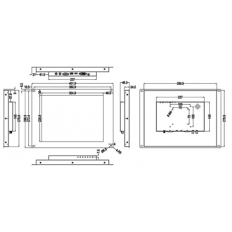 15" Industriel Touchskærm open frame eller panelmontering 300cd/m2, Vesa, touch HDMI, VGA, DVI, A/V