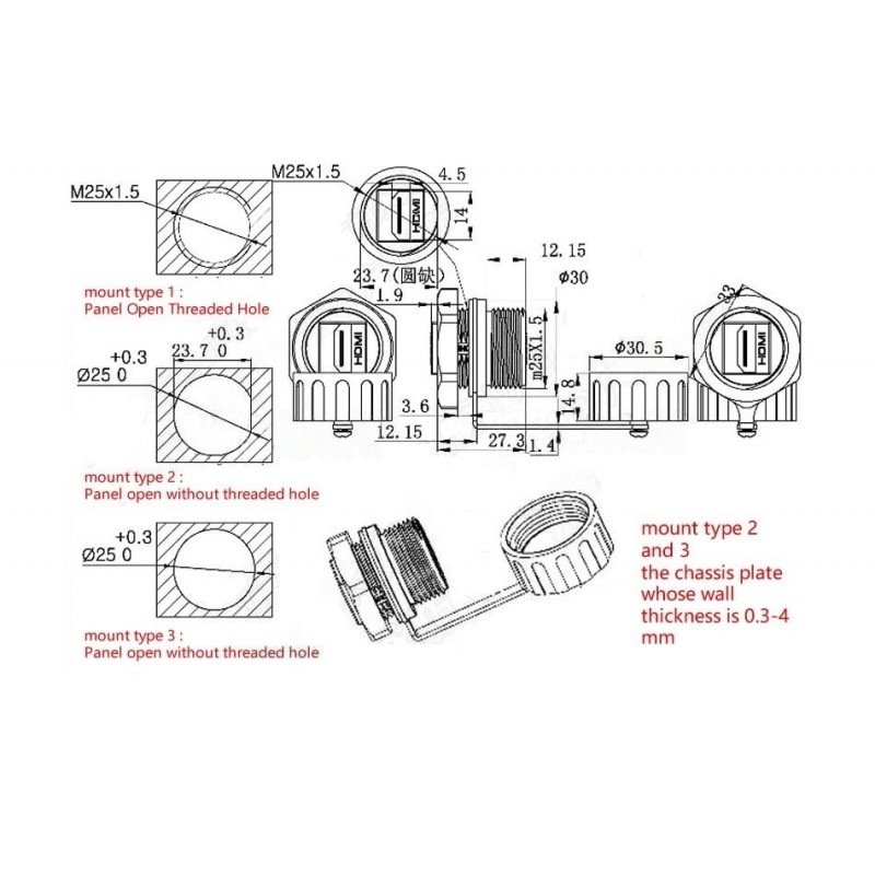 HDMI IP68 Panel Connector Hoved - Female til Female