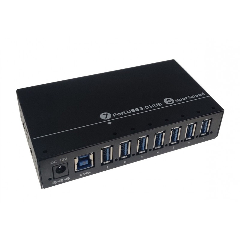 7-ports USB3.0 HUB, i metalkabinet. Strømforsynes med ekstern 12VDC