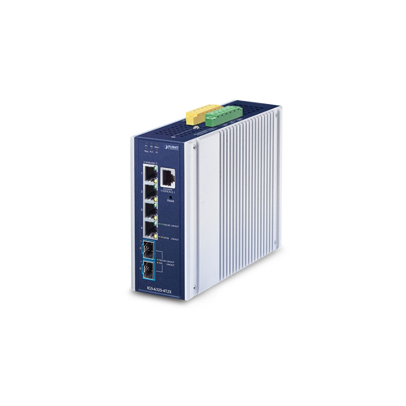 6 porte Managed switch, 4 x RJ45 10/100/1000/2500 Mbps, 2 x SFP slot 1000/2500 Mbps 9-48VDC eller 24VAC forsyningsspænding