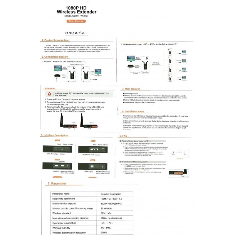 Ekstra modtager til trådløs AV Audio Video HDMI sender, virker op til 200m