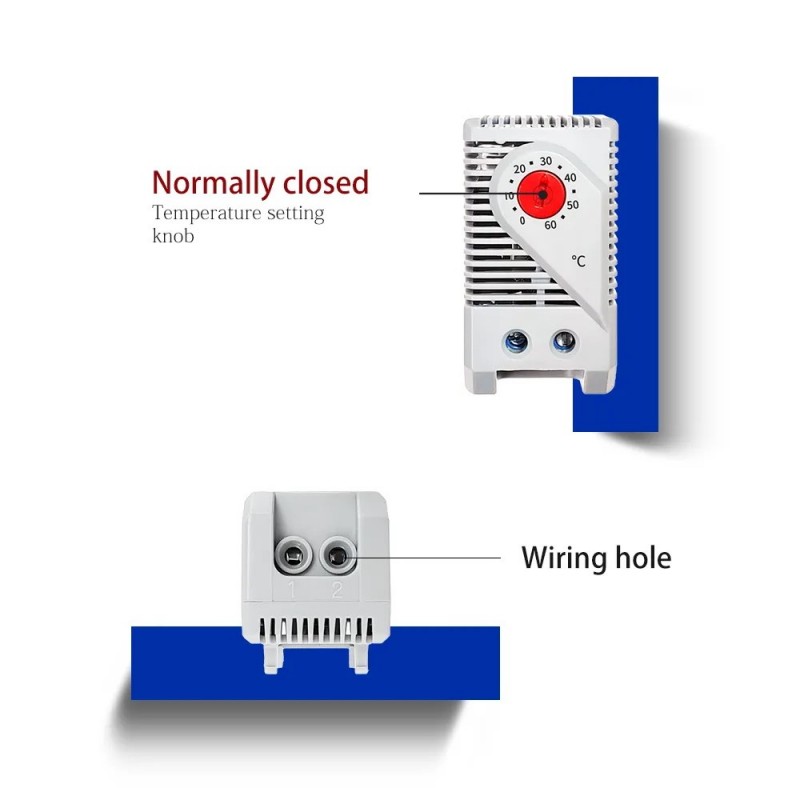 Cabinet Thermostat for DIN rail mount 0 → +60 °C, NC normally Closed, 120Vac 230Vac Temprature control