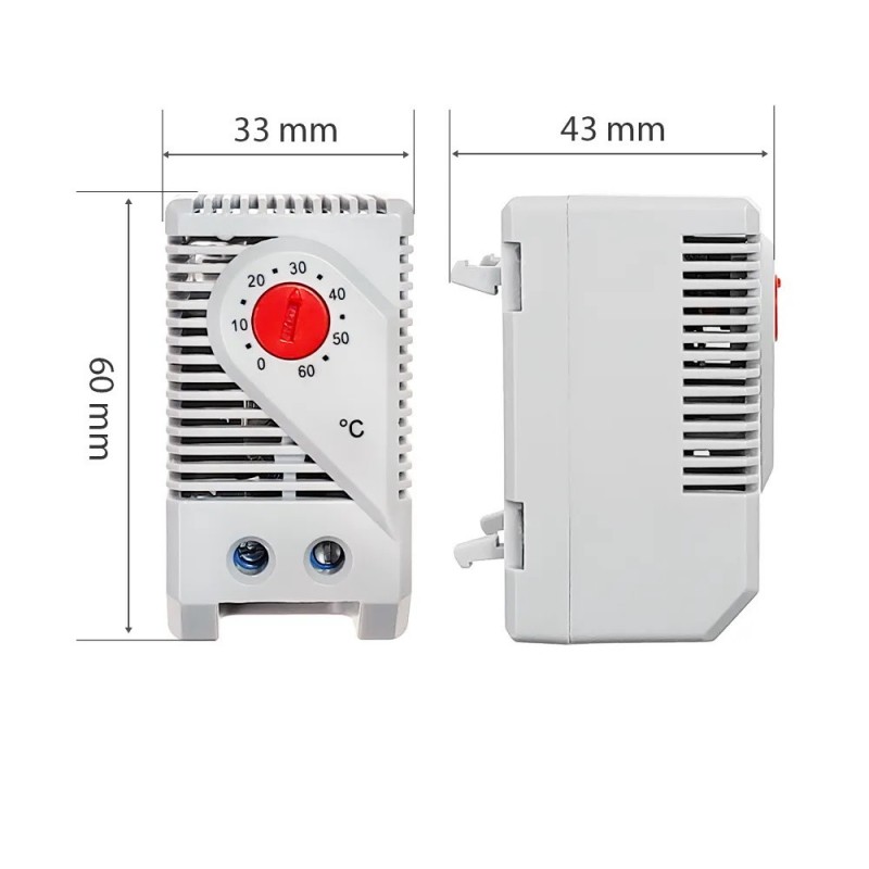 Cabinet Thermostat for DIN rail mount 0 → +60 °C, NC normally Closed, 120Vac 230Vac Temprature control