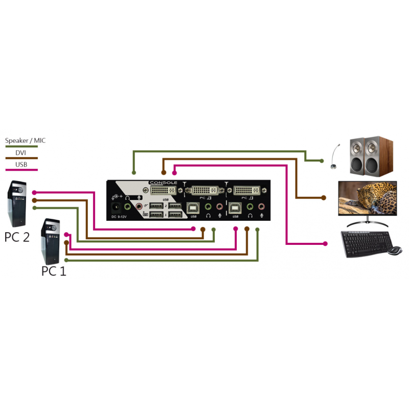 2 ports KVM omskifter, 1 x DVI, USB, lyd (Dual Link DVI), 2560 x 1600, USB-HID, EDID kopi