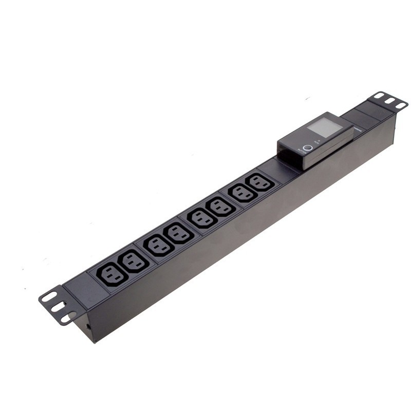 PDU Strømskinne med LCD display 8 x C13 IEC hun stik, Strøm, spænding og effektmåling