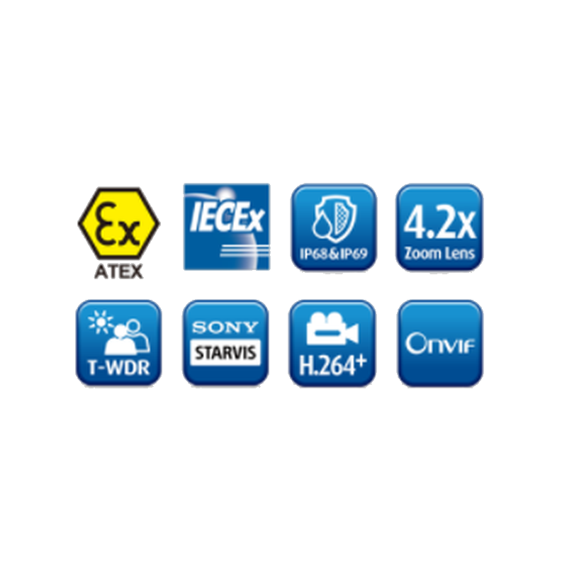 Eksplosionssikker 2MP ATEX Zone 1 og 2 CLASS IIC IP kamera i 316L stålhus med motot-zoom. IP68