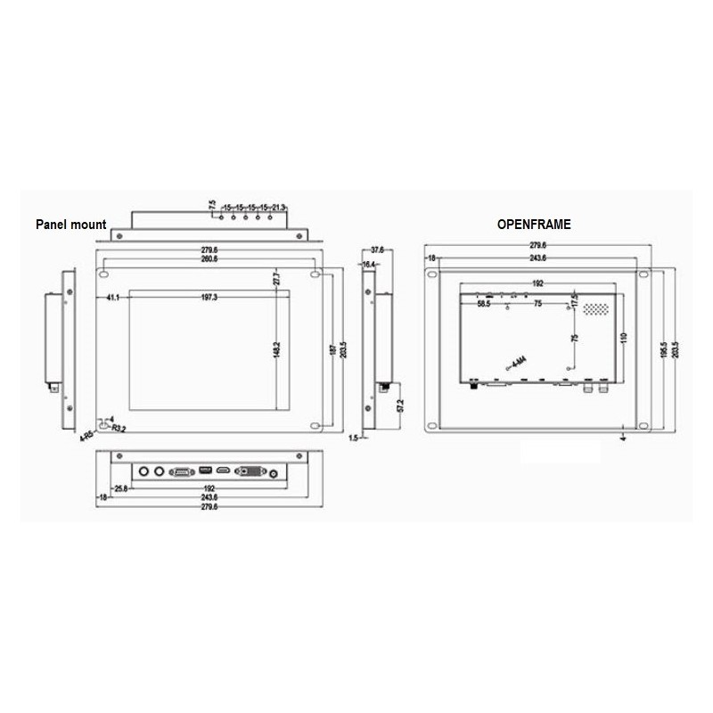 Panel mount Open Frame 9,7" TFT Touch skærm HDMI, VGA, DVI, Composite 4:3