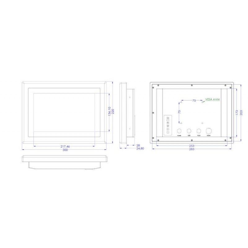 10.1" vandtæt IP66 og vandalsikker skærm i rustfrit stål, Full IP66/IP69K, VGA og HDMI - DANBIT