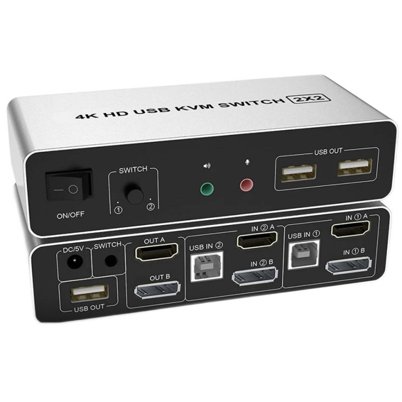 2 Port 4K@60Hz Dual Head HDMI and DisplayPort KVM Switch, 3840 x 2160 60Hz, USB2.0