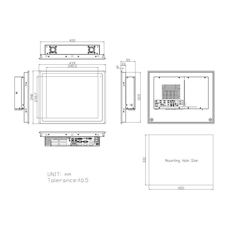 17" Panel PC 12vdc,24Vdc med PCIes udvidelse, CPU Celeron i3, i5, i7 Windows IoT, PCAB, Sollys, High nits