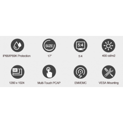17" IP66/IK69 fuld-tæt Industriel monitor, 1280 x 1024, 5:4, 400nits, HDMI, Multi-PCAP touch