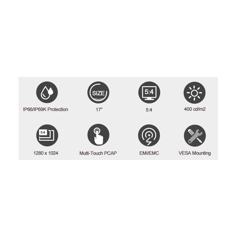 17" IP66/IK69 fuld-tæt Industriel monitor, 1280 x 1024, 5:4, 400nits, HDMI, Multi-PCAP touch