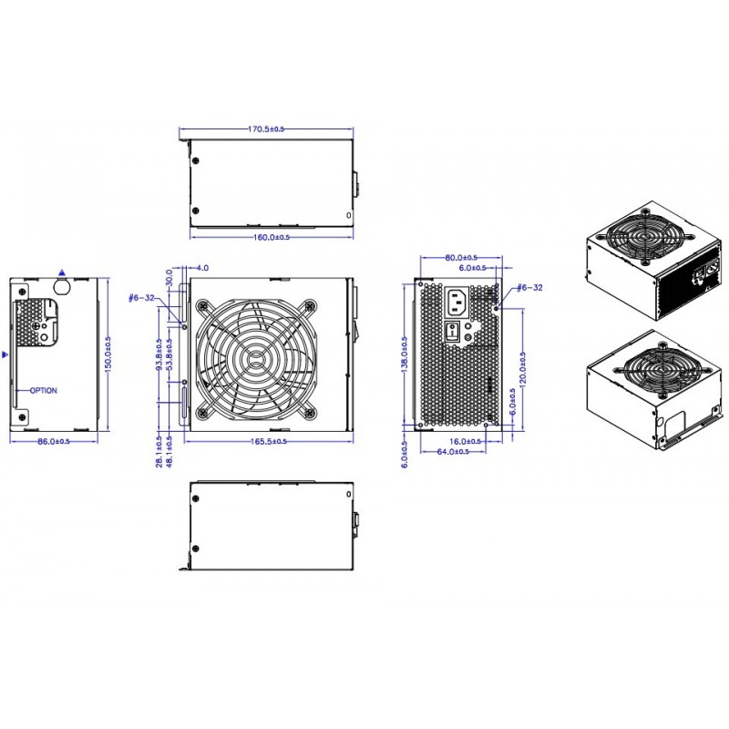 ATX PSU Spændingsforsyning 1200W, P4, PCIE, SATA kabler til ATX