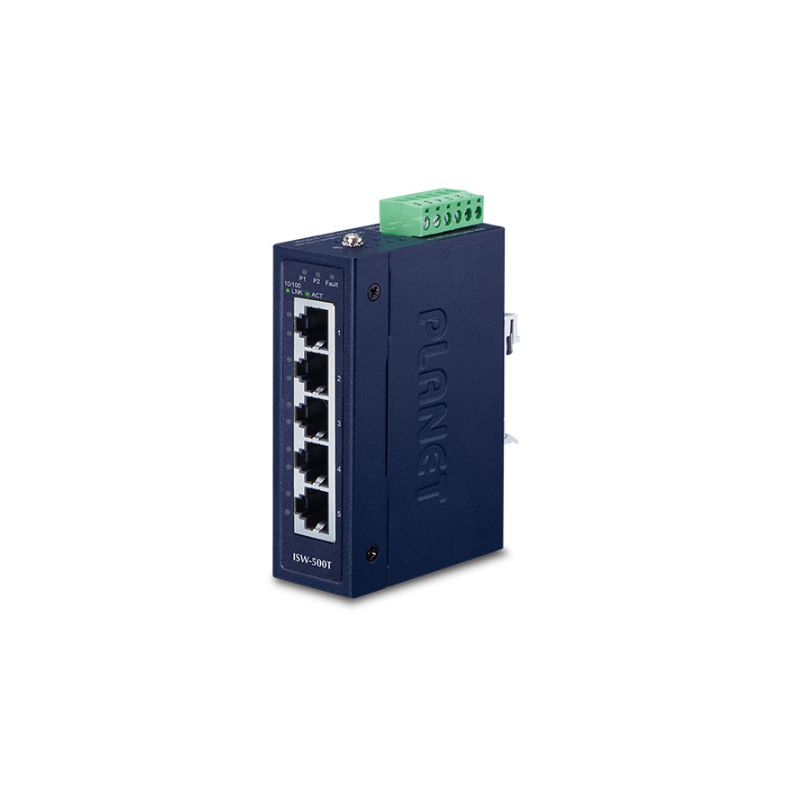 5 port 100Mbit ikke-managed kompakt switch med DIN-beslag. 12 - 48VDC eller 24VAC