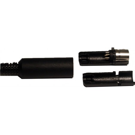 Mini DIN 6 hun-stik med kappe. Loddeterminaler.