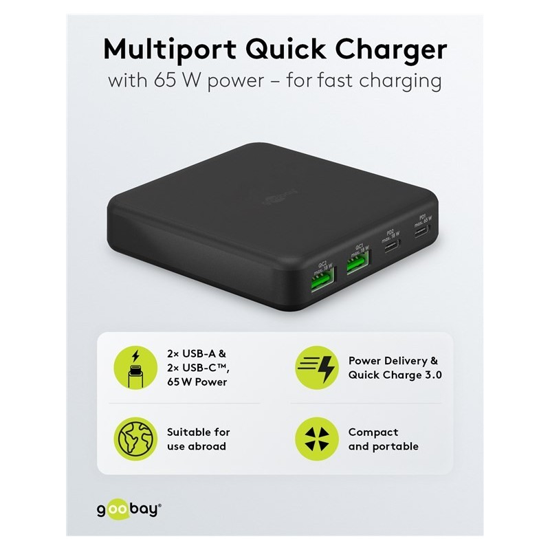 USB-C™ PD GaN Multiport Desktop Charger (65 W) black 2x USB-C, 2x USB-A ports