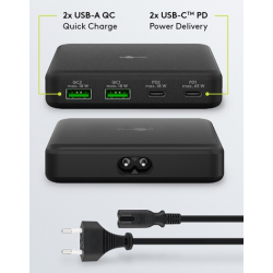USB-C™ PD GaN Multiport-bordoplader (65 W) sort 2x USB-C, 2x USB-A-porte