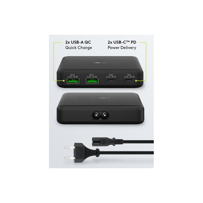 USB-C™ PD GaN Multiport-bordoplader (65 W) sort 2x USB-C, 2x USB-A-porte