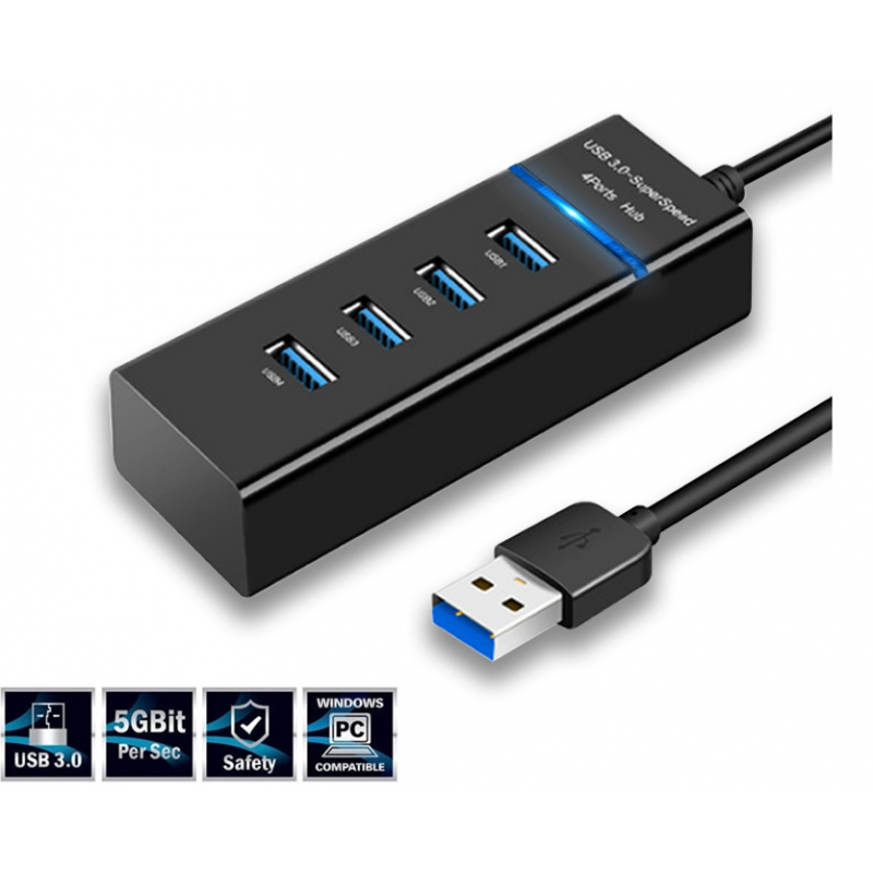 USB 3.0 4 port Super Speed HUB, højhastigheds med LED-indikator, sort