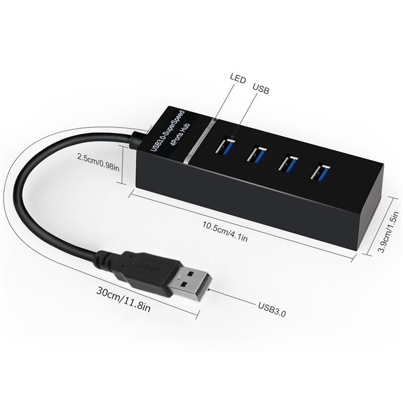 USB 3.0 4 port Super Speed HUB, højhastigheds med LED-indikator, sort