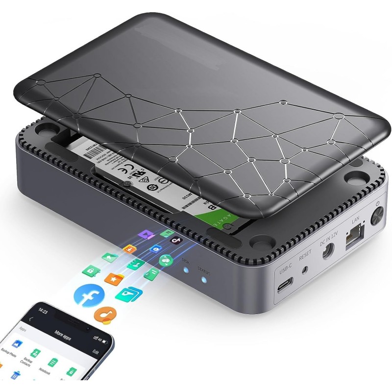 2.5 SATA SSD/HDD-kabinet med NAS-funktion - 8TB kapacitet, USB3.2Gen1 Type-C, RJ45 1Gbps, SATA3.0 6Gbps