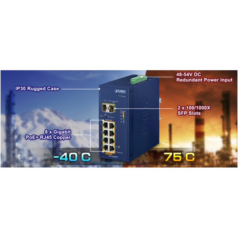 8 + 2 port Ikke-managed Industri switch, 8 x RJ45 Gigabit, 2 x 100/1000 Mbit SFP slot, PoE+