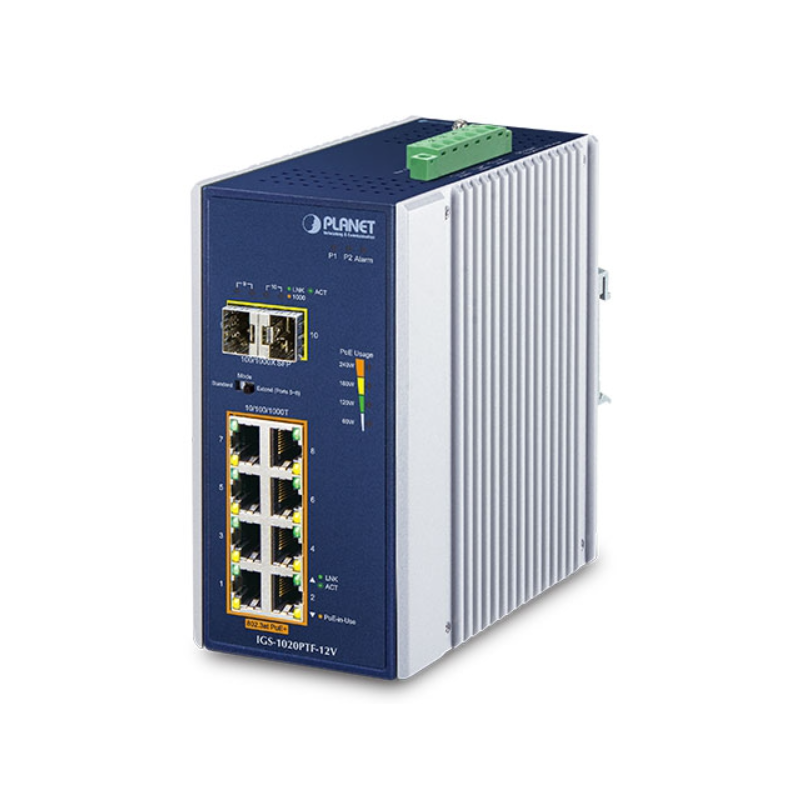 8 port Ikke-managed Industri switch, 8 x RJ45 Gigabit, 2 x 100/1000 Mbit SFP slot, PoE+ forsynes fra 12 - 54VDC