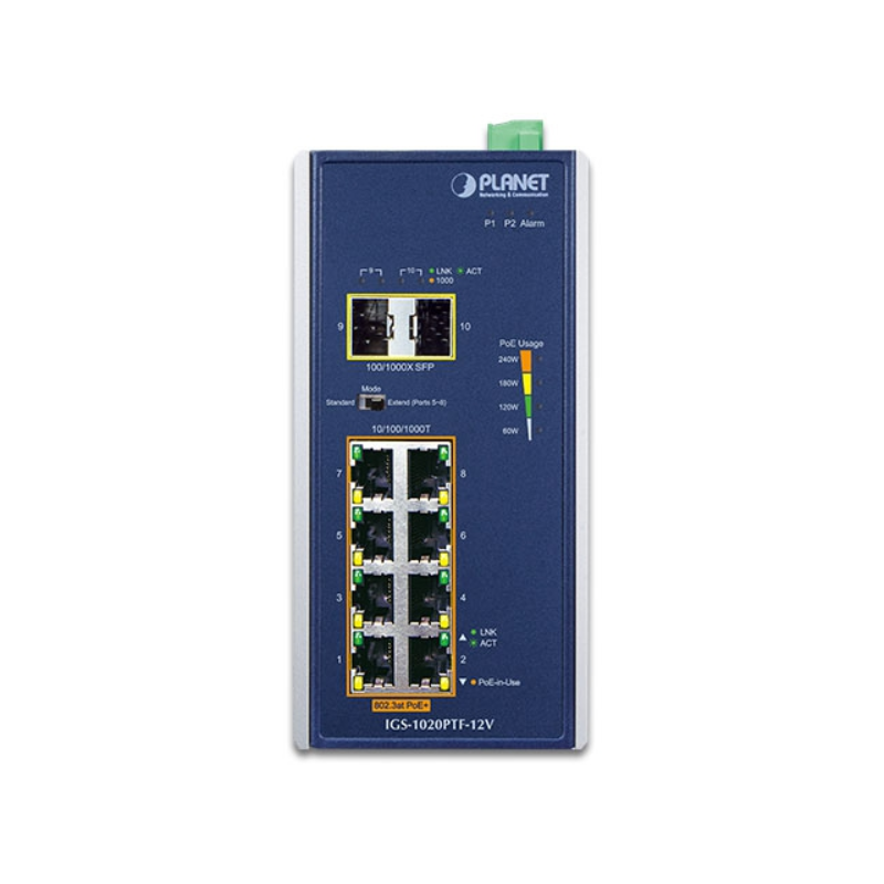 8 port Unmanaged Industrial switch, 8 x RJ45 Gigabit, 2 x 100/1000 Mbit SFP slot, PoE+ supplied from 12 - 54VDC