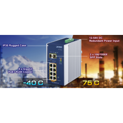 8 port Unmanaged Industrial switch, 8 x RJ45 Gigabit, 2 x 100/1000 Mbit SFP slot, PoE+ supplied from 12 - 54VDC