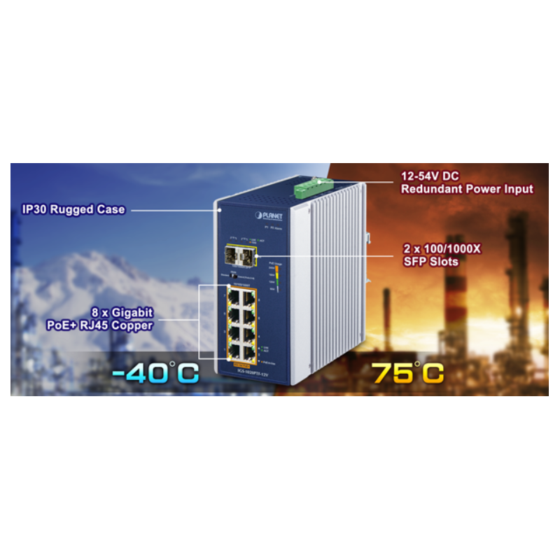 8 port Unmanaged Industrial switch, 8 x RJ45 Gigabit, 2 x 100/1000 Mbit SFP slot, PoE+ supplied from 12 - 54VDC