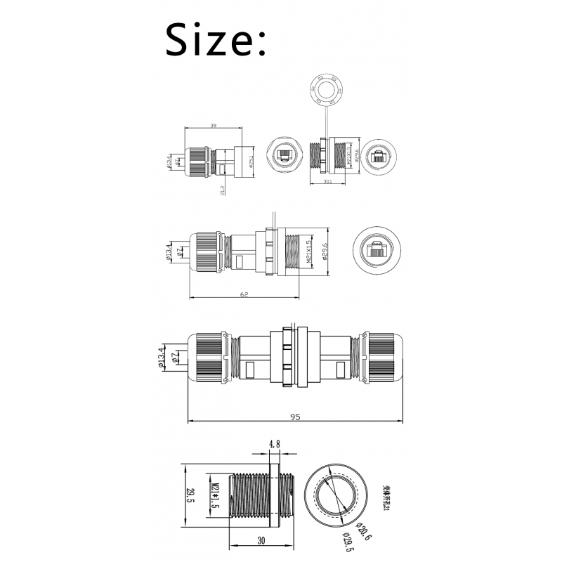 RJ45 IP67 vandtæt gennemgangsstik til chassis- og panelmontage, M20 mm