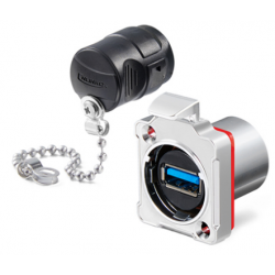 USB 3.0 vandtæt chassis-stik. Tryk-udløser. Metal. USB hun/hun. 24mm hul