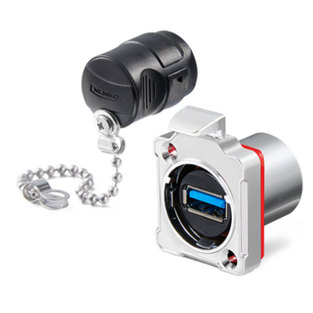 USB 3.0 vandtæt chassis-stik. Tryk-udløser. Metal. USB hun/hun. 24mm hul