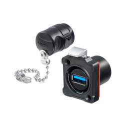 USB 3.0 waterproof chassis connector, Push-release. Black anodized. USB female/female. 24mm hole