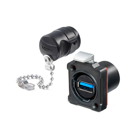 USB 3.0 vandtæt chassis-stik, Tryk-udløser. Sort eloxeret. USB hun/hun. 24mm hul