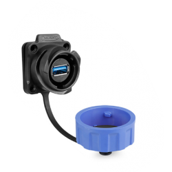 USB 3.0 waterproof chassis connector with bayonet. Plastic. USB female/female. 24mm hole