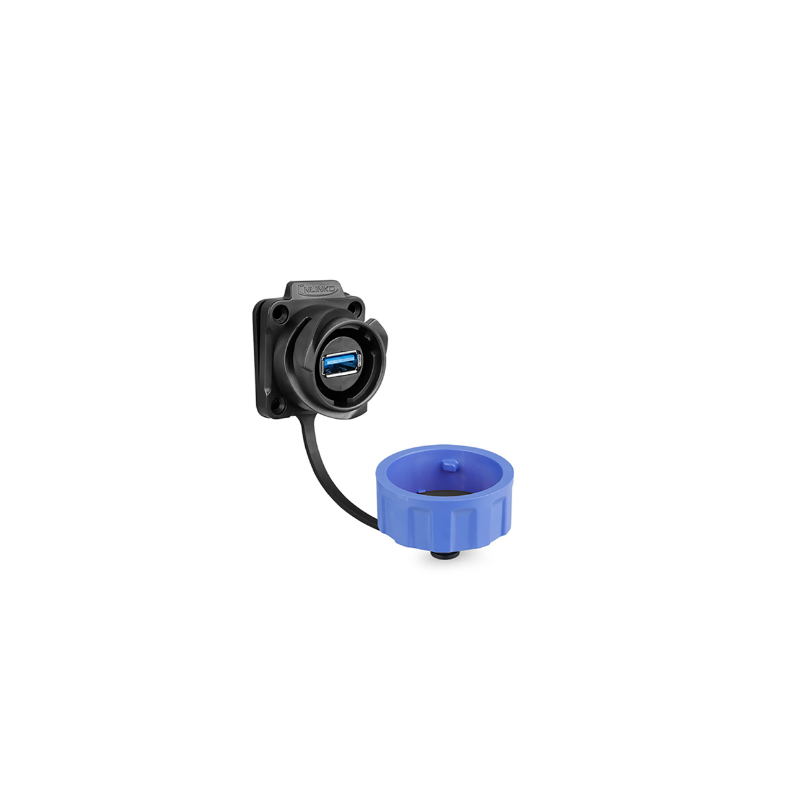 USB 3.0 vandtæt chassis-stik med bayonet. Plast. USB hun/hun. 24mm hul