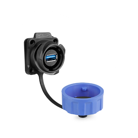 USB 3.0 vandtæt chassis-stik med bayonet. Plast. USB hun/hun. 24mm hul