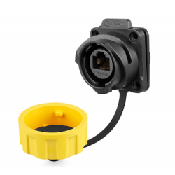 Vandtæt RJ45 chassis-stik. IP67, 24mm, flange til 4 skruer. RJ45 hun/hun. Lynkobling