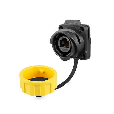 Vandtæt RJ45 chassis-stik. IP67, 24mm, flange til 4 skruer. RJ45 hun/hun. Lynkobling