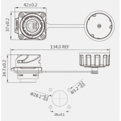 Waterproof RJ45 chassis connector. IP67, 24mm, flange for 4 screws. RJ45 female/female. Quick coupling