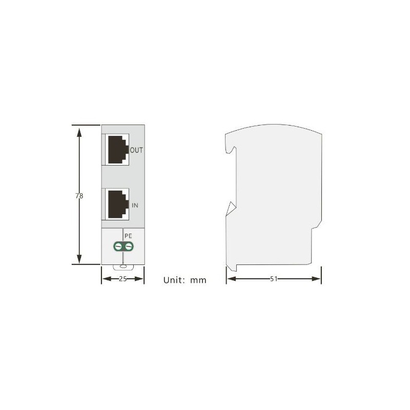 RJ45 Surge Protector, PoE 10/100/1000Mbit. 0,2dB tab. 2,5kA, DIN-montering.