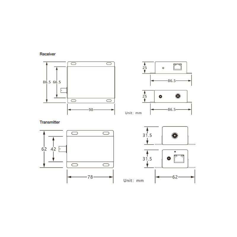 PoE Extender til Coax kabel, 100Mbps, op til 500 meter. 48-56VDC input