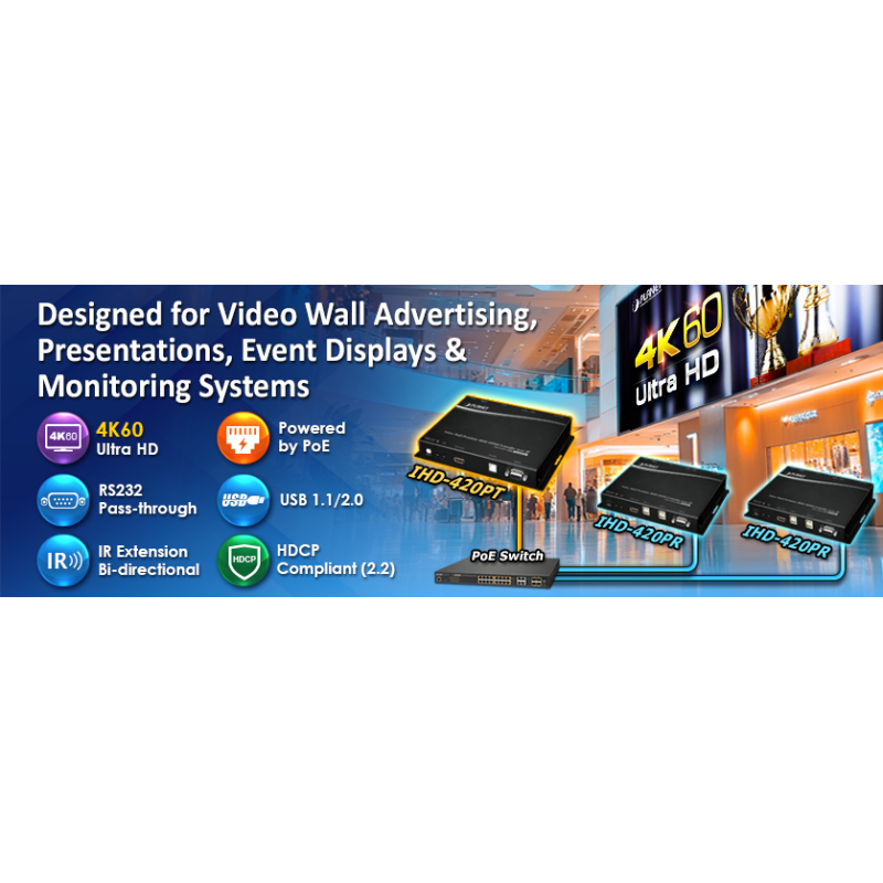 HDMI 4K60 KVM receiver over IP with PoE, USB for Keyboard, mouse and touch