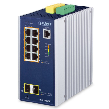 8 ports Managed switch 8 x 10/100/1000Mbit RJ45. Fiber 2 x 100/1000/2500Mbit SFP slot, PoE+, Tidsynkronisering