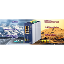 8 ports Managed switch 8 x 10/100/1000Mbit RJ45. Fiber 2 x 100/1000/2500Mbit SFP slot, PoE+, Tidsynkronisering