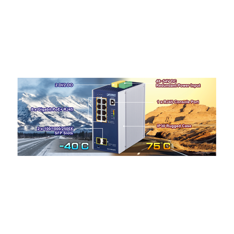 8 port Managed switch 8 x 10/100/1000Mbit RJ45. Fiber 2 x 100/1000/2500Mbit SFP slot, PoE+, Time synchronization