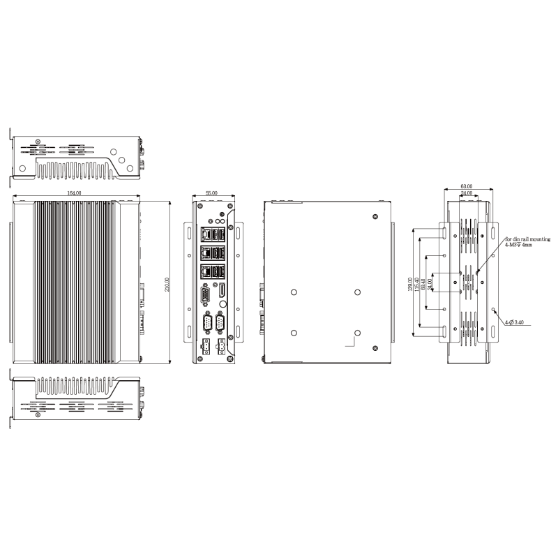 Embedded pc uden blæser 14./13./12., i5, i7, RS232, RS422, RS485, 8xUSB, 3xLAN, HDMI, DP, DIN-montering, DC 12~24V