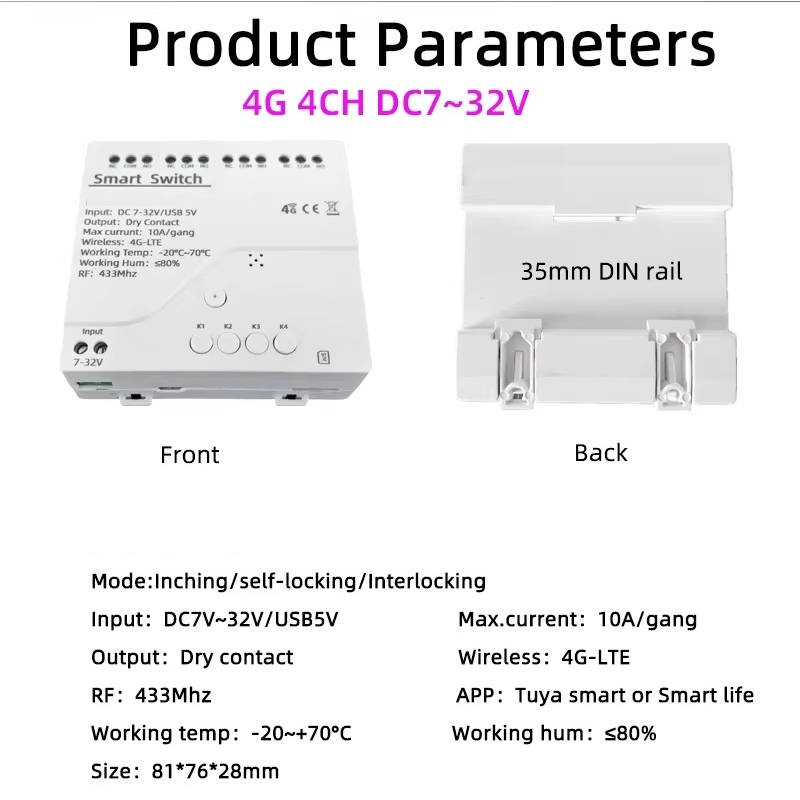 4G LTE Smart Relay Switch with Tuya App Control, RF 433Mhz