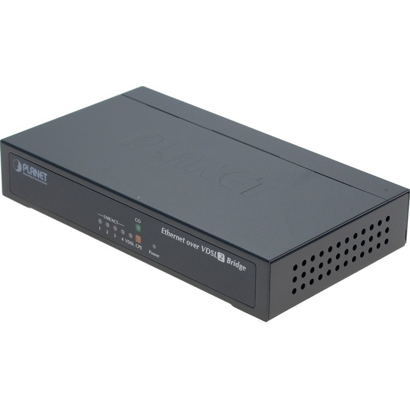 Ethernet over 2-wire connection with VDSL. 10 / 100Mbit. 4 Ports Switch. Up to 1.4km.